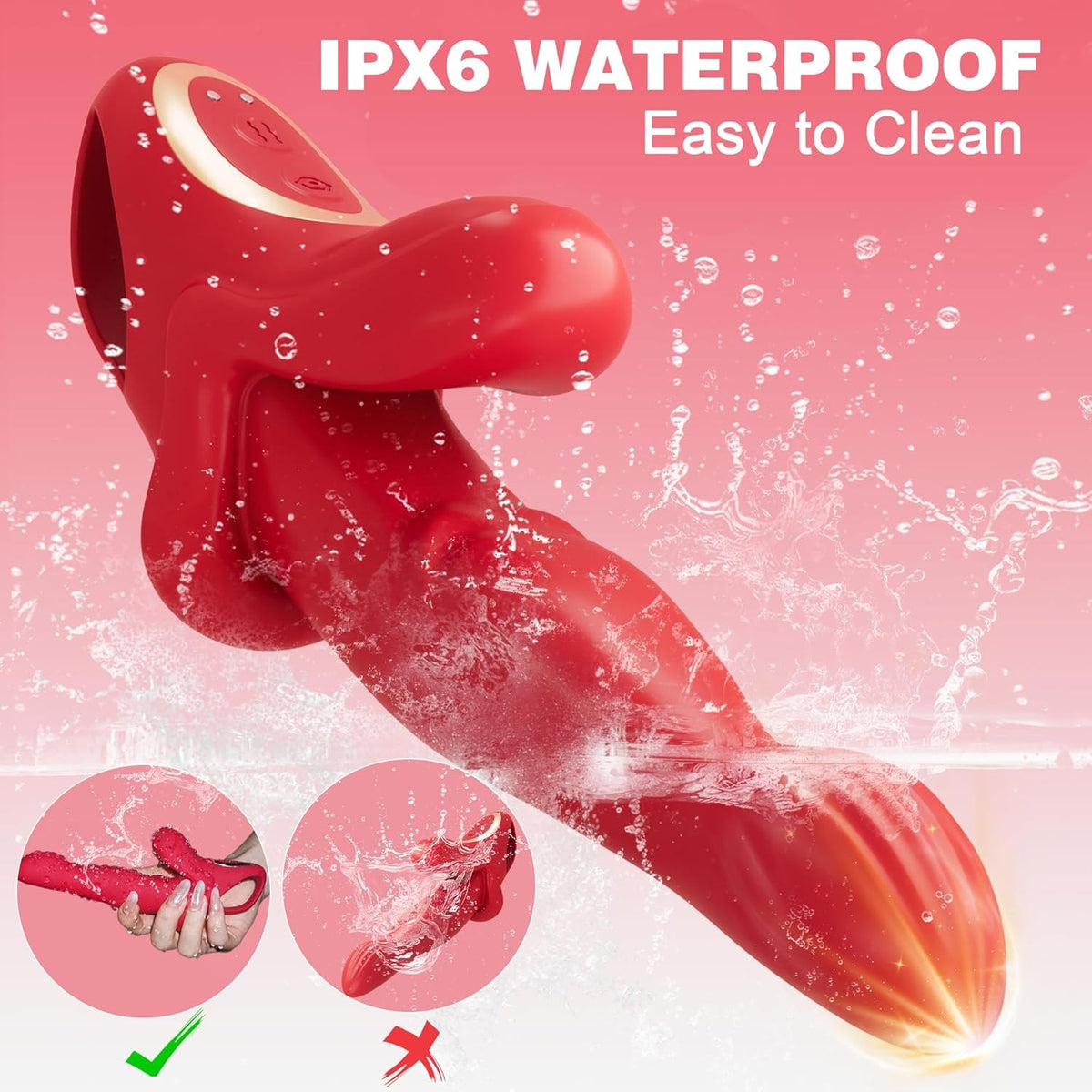 Red silicone rabbit vibrator with sliding ring, photo 6