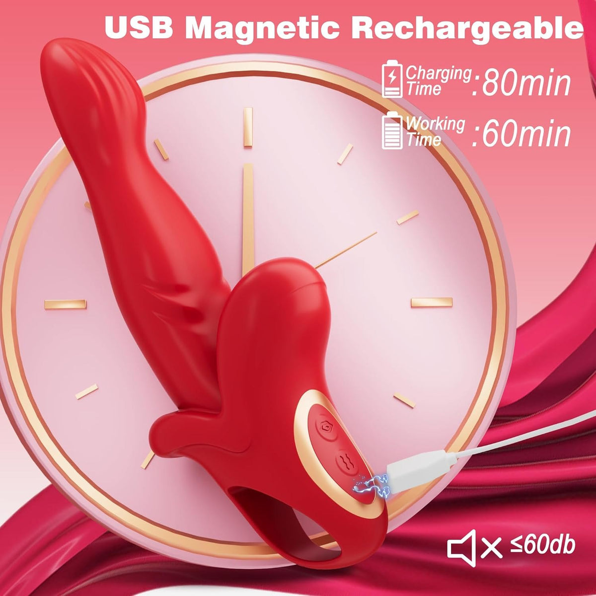 Red silicone rabbit vibrator with sliding ring, photo 7