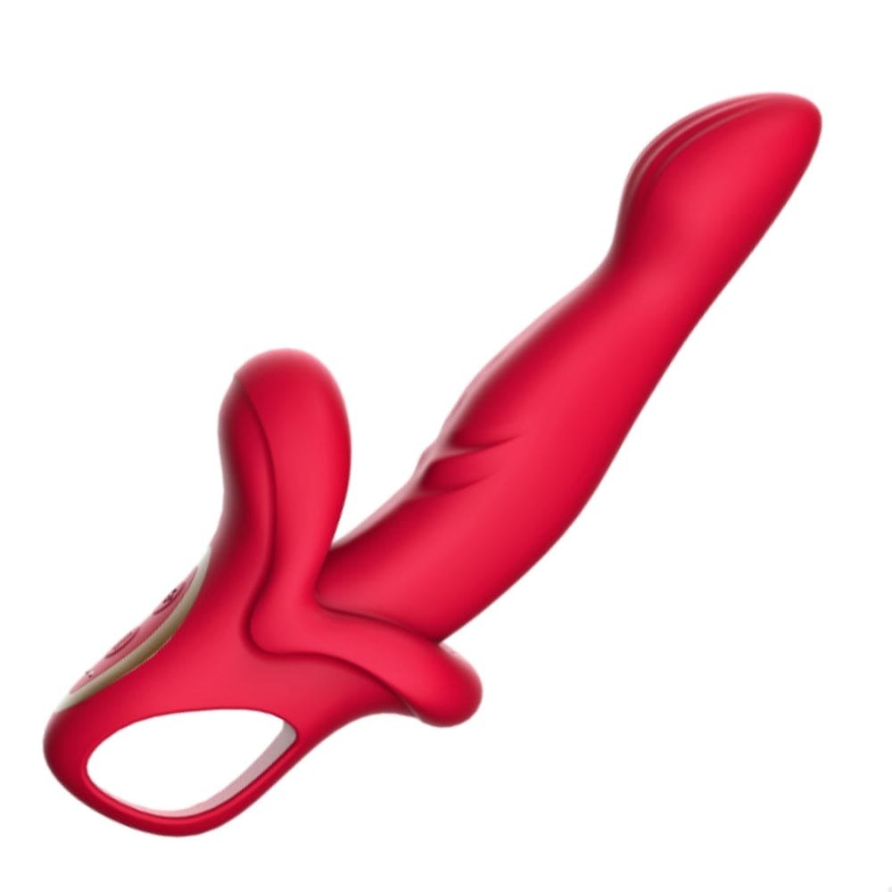 Red silicone rabbit vibrator with sliding ring, photo 8