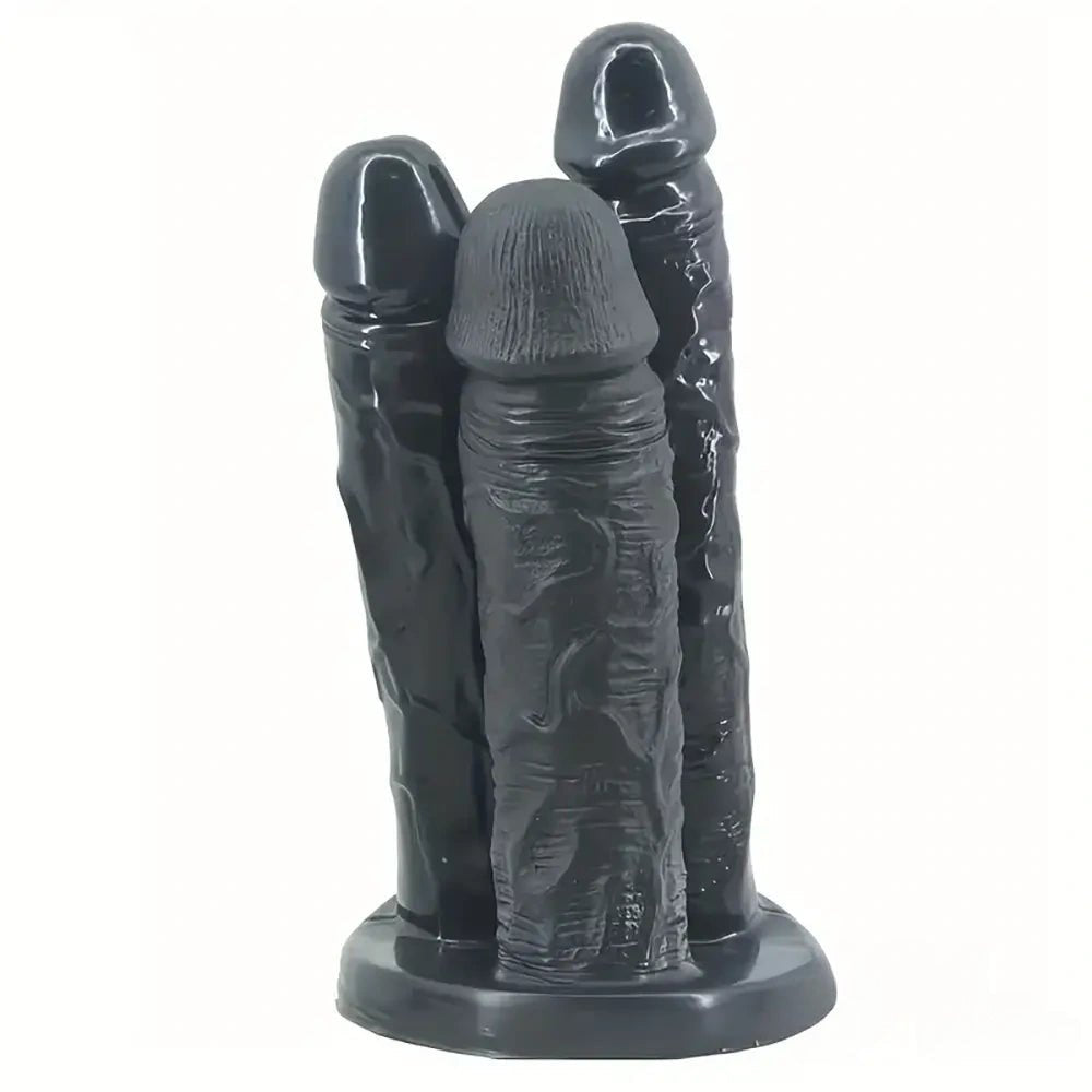 Black pvc triple shaft ridged fantasy dildo