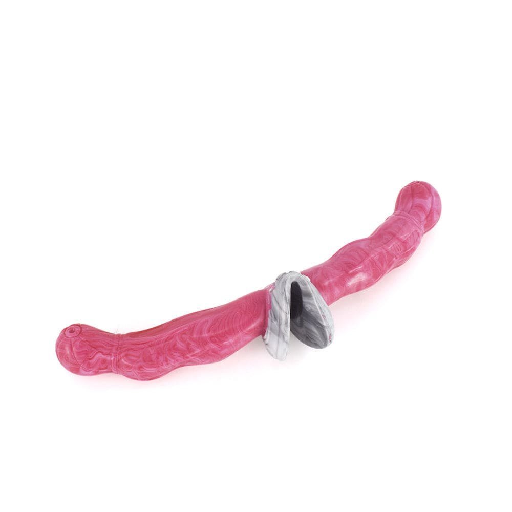 Red and grey marbled twin shaft fantasy dildo, photo 4