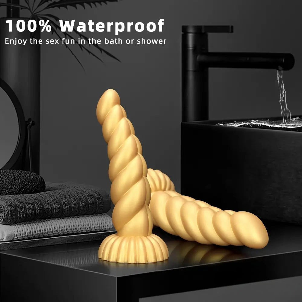 Gold twisted silicone fantasy dildo, photo 6