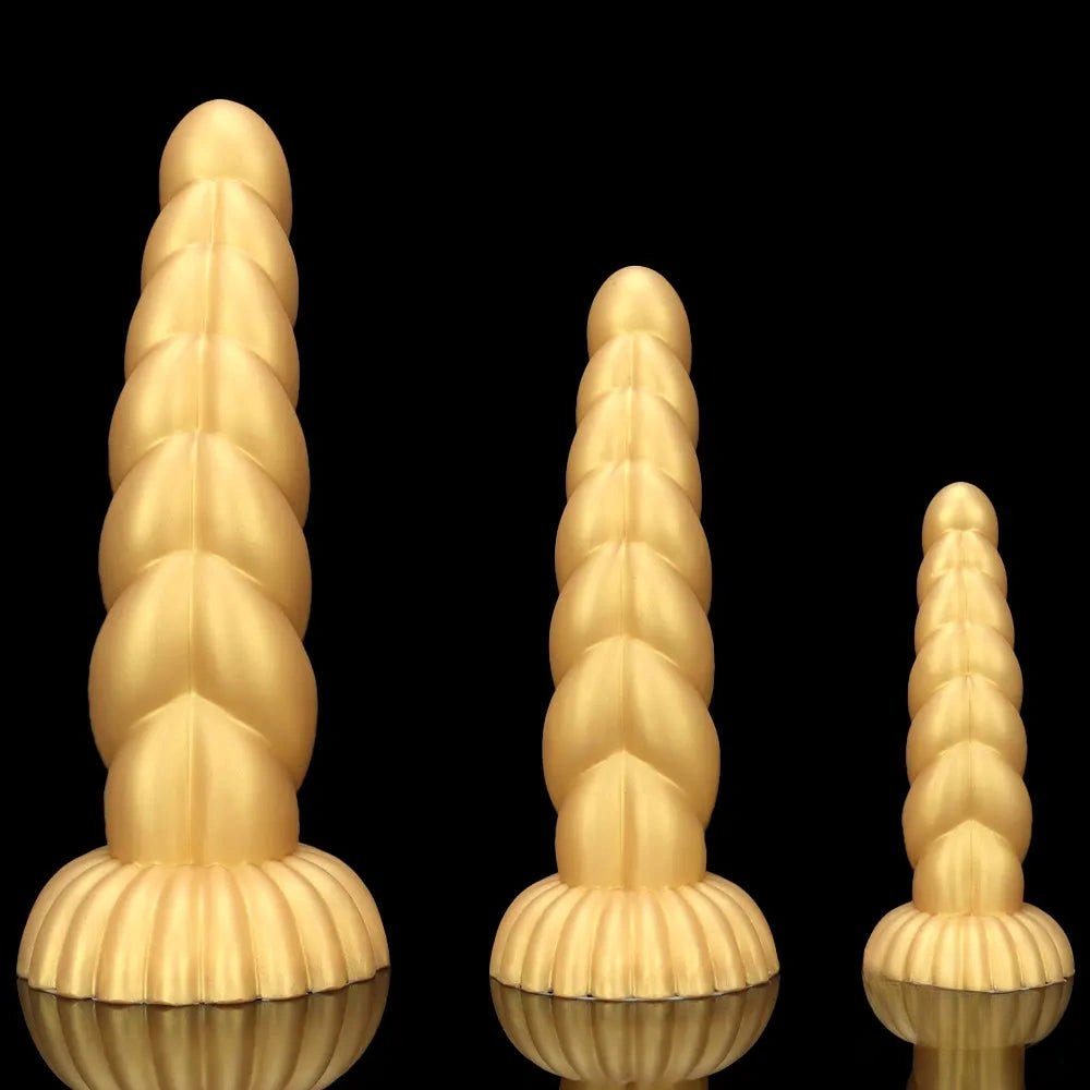 Gold twisted silicone fantasy dildo, photo 8
