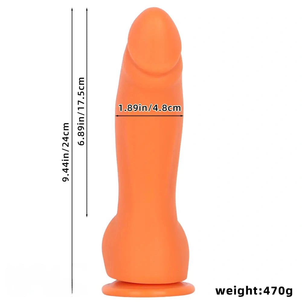 Orange thick silicone dildo with upturned tip