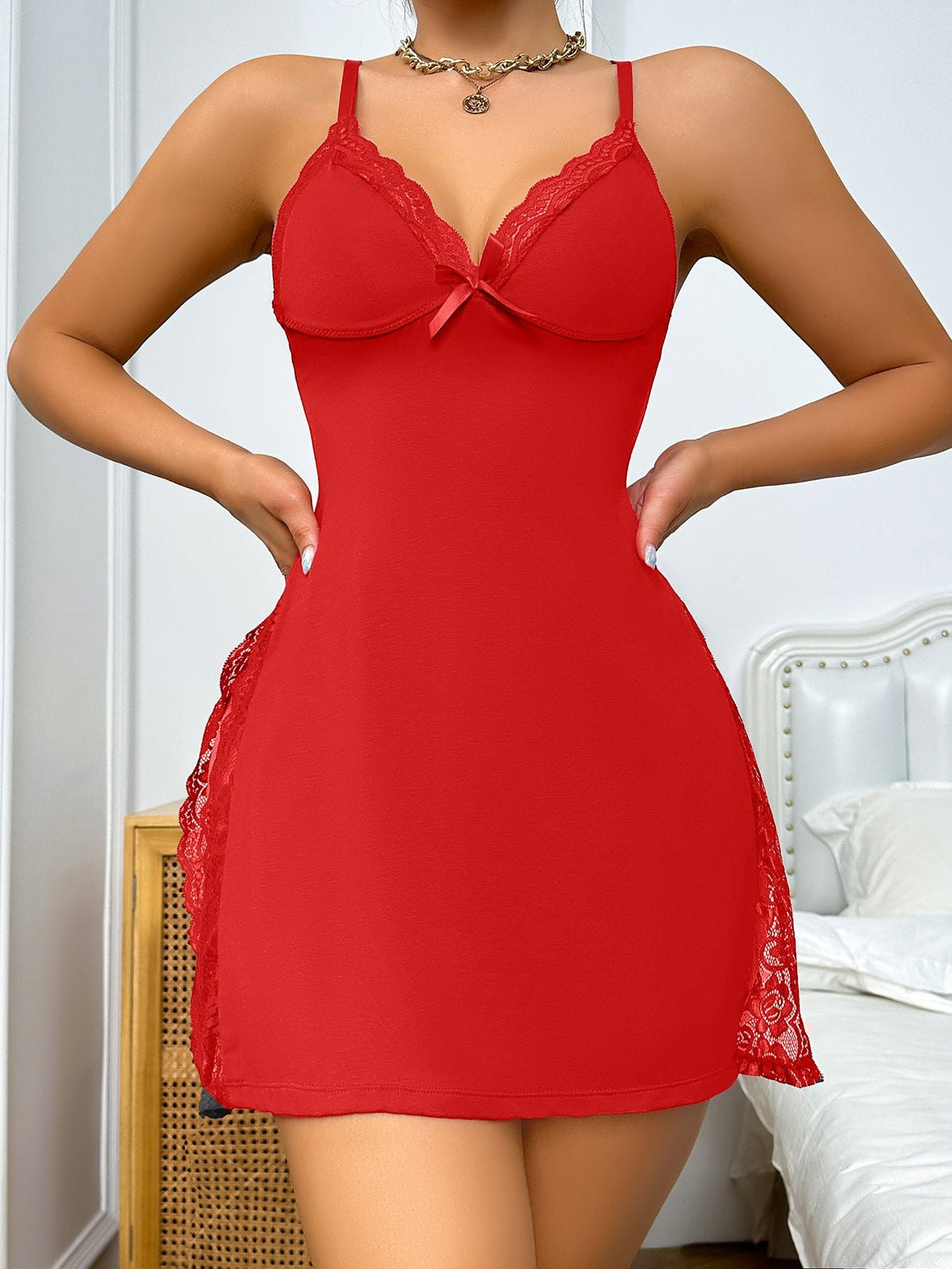 Red v neck halter lingerie dress