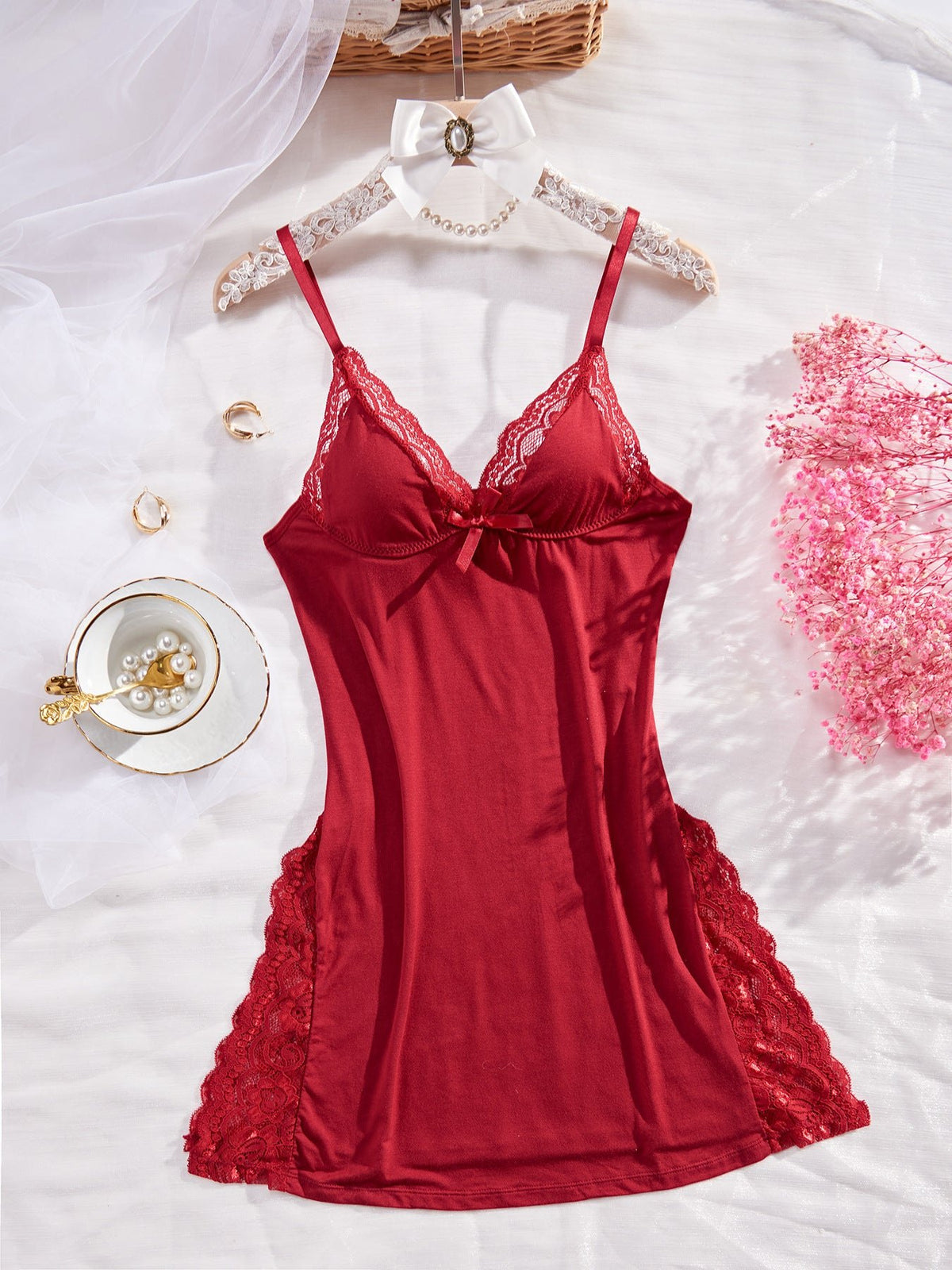Red Wine v neck halter lingerie dress