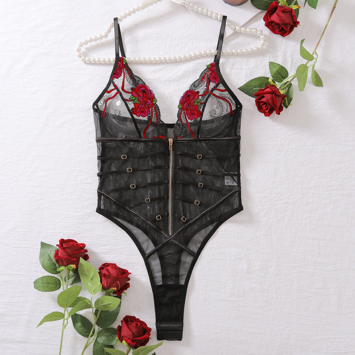 Black v neck hollow out lace sling bodysuit