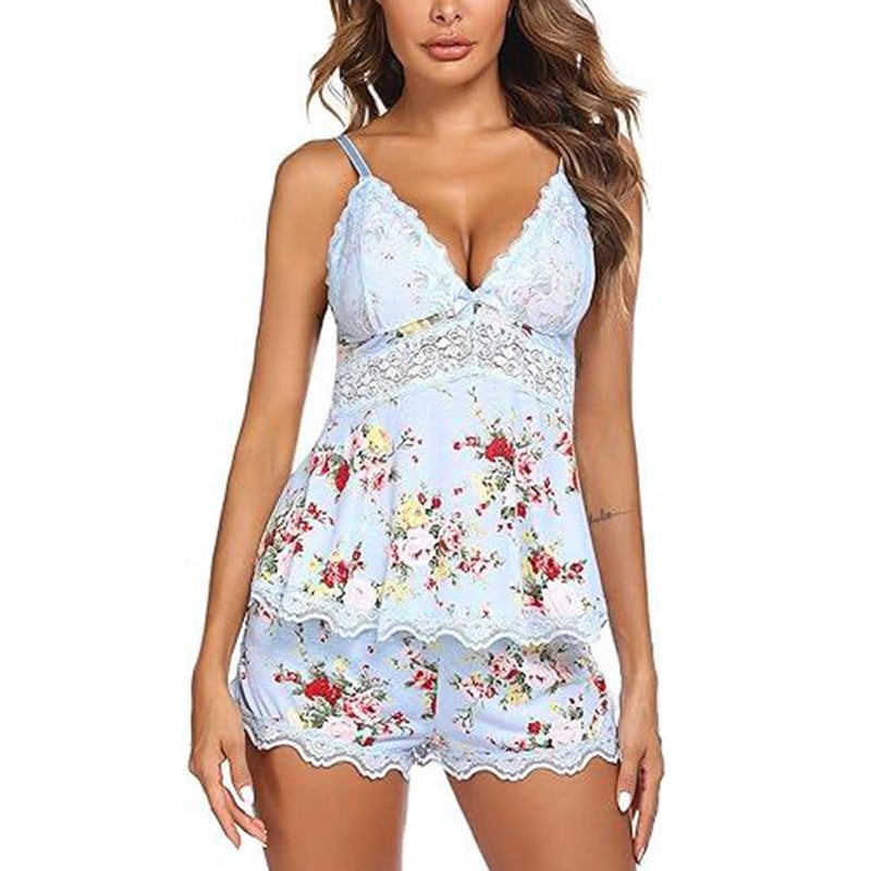 Blue v neck lace trim slip dress