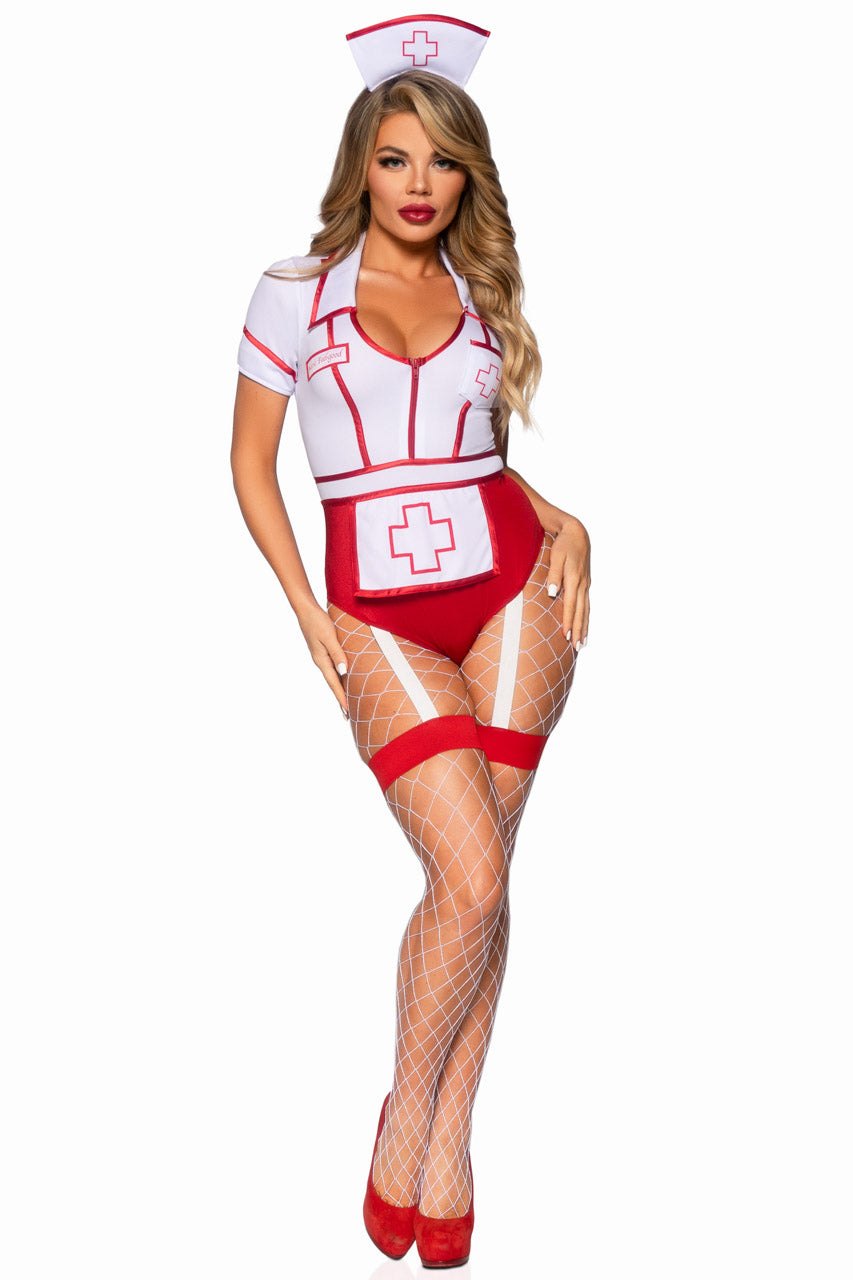 Red/White v neck nurse bodysuit detachable apron costume