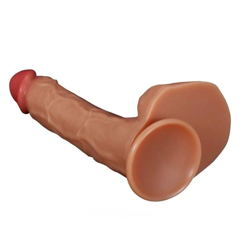 Tan silicone suction cup dildo with raised veins, photo 3