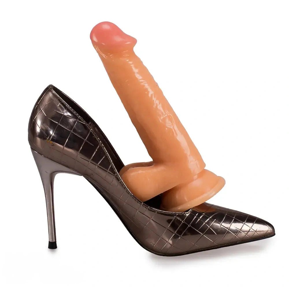 Flesh-tone realistic PVC dildo with pink head tip, photo 2