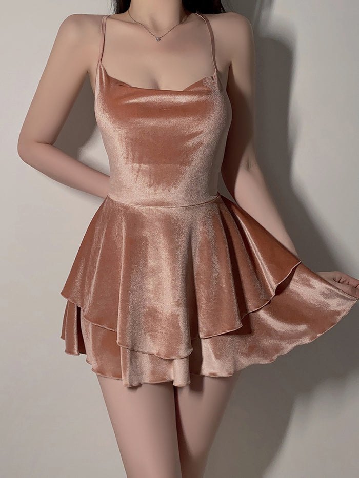Champagne Gold velvet layered ruffle backless nightdress