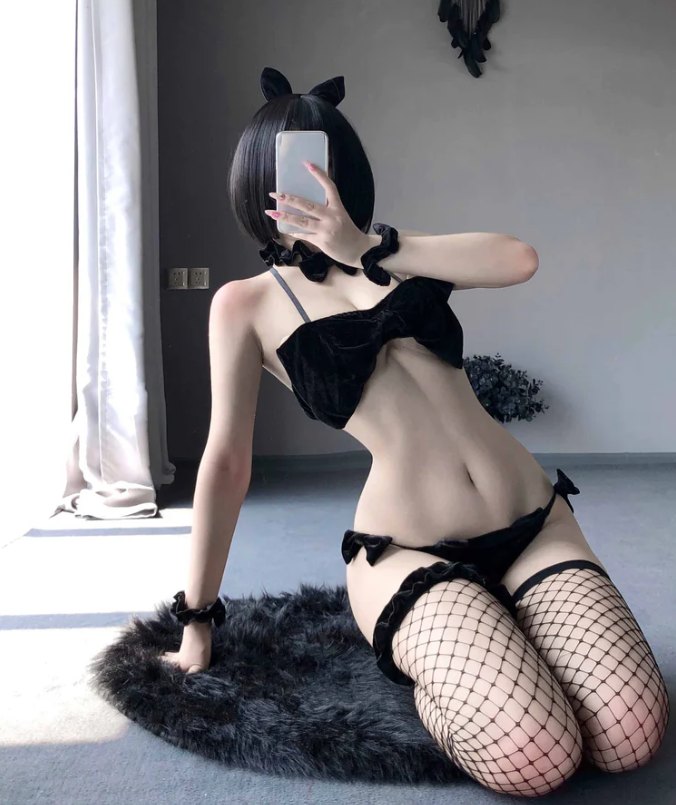Black + Stockings velvet bandeau bow cosplay costume set