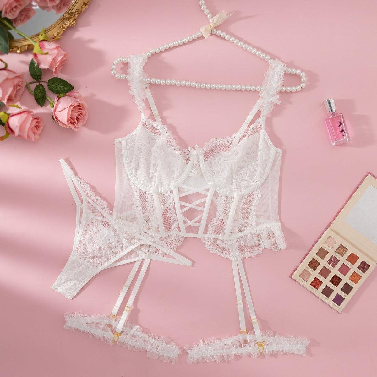 White velvet lace embroidered bridal set white