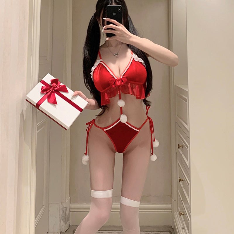 Velvet lace pom pom holiday bra set, photo 3