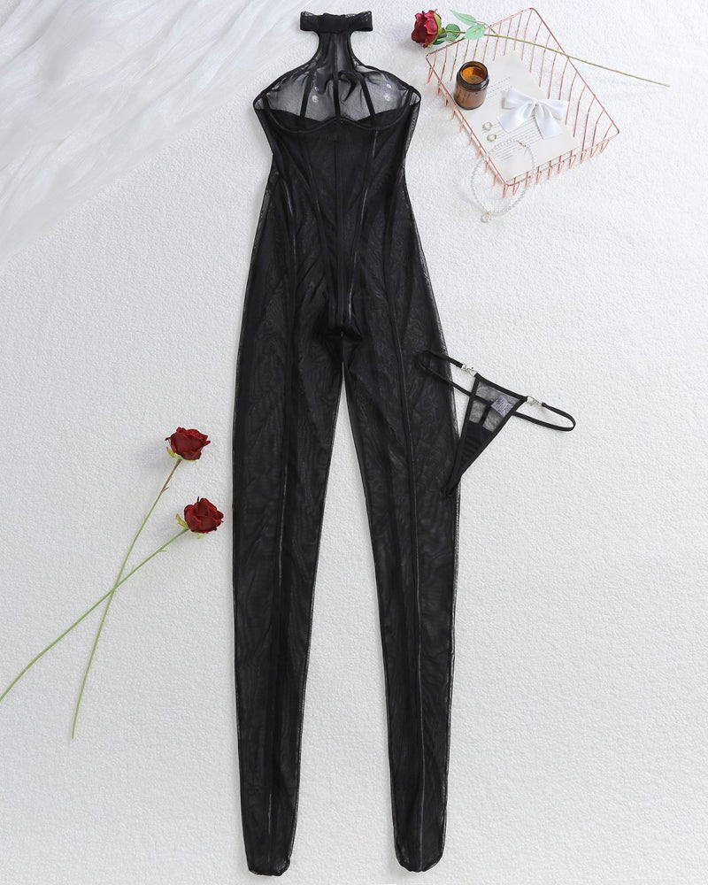 Vertical striped sheer halter bodystocking, photo 4