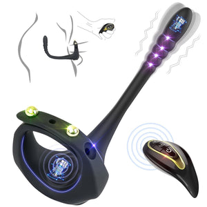 Black vibrating cock ring with prostate arm, photo 1