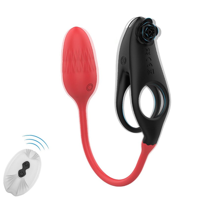 Black and red vibrating cock ring with anal plug, photo 1