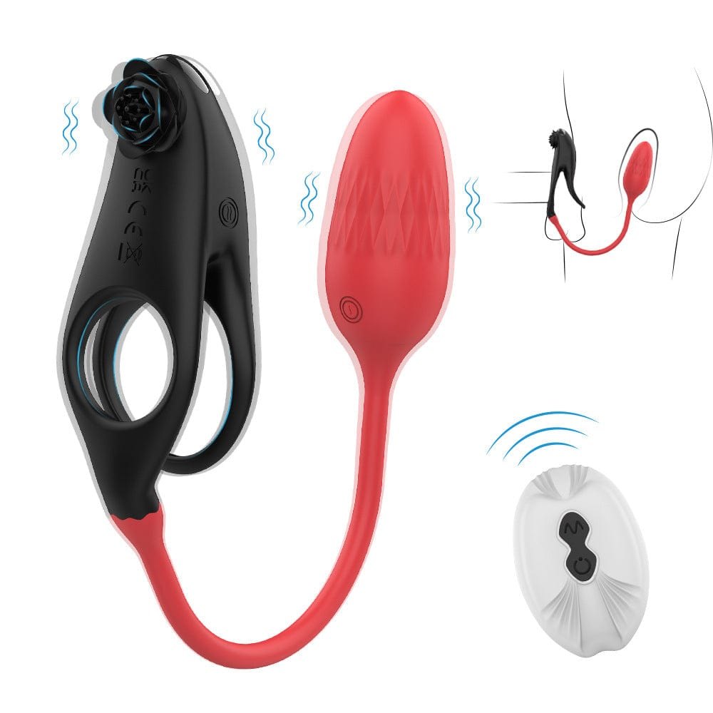 Black and red vibrating cock ring with anal plug, photo 2