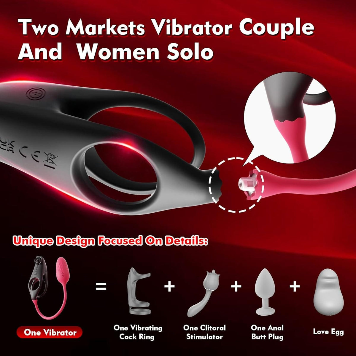Black and red vibrating cock ring with anal plug, photo 3
