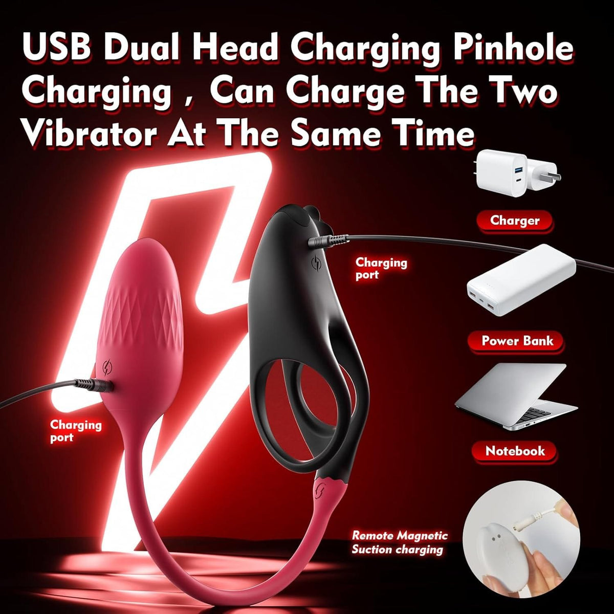 Black and red vibrating cock ring with anal plug, photo 8