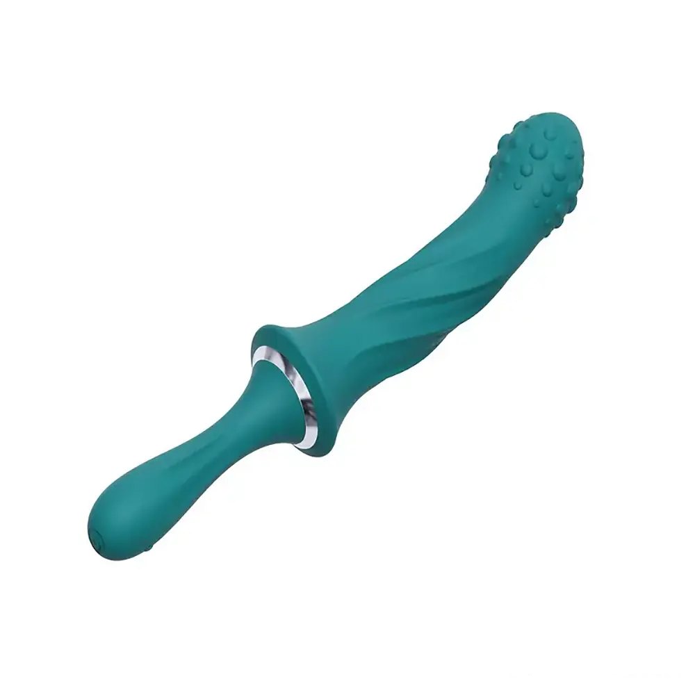 Green vibrating silicone dildo with handle
