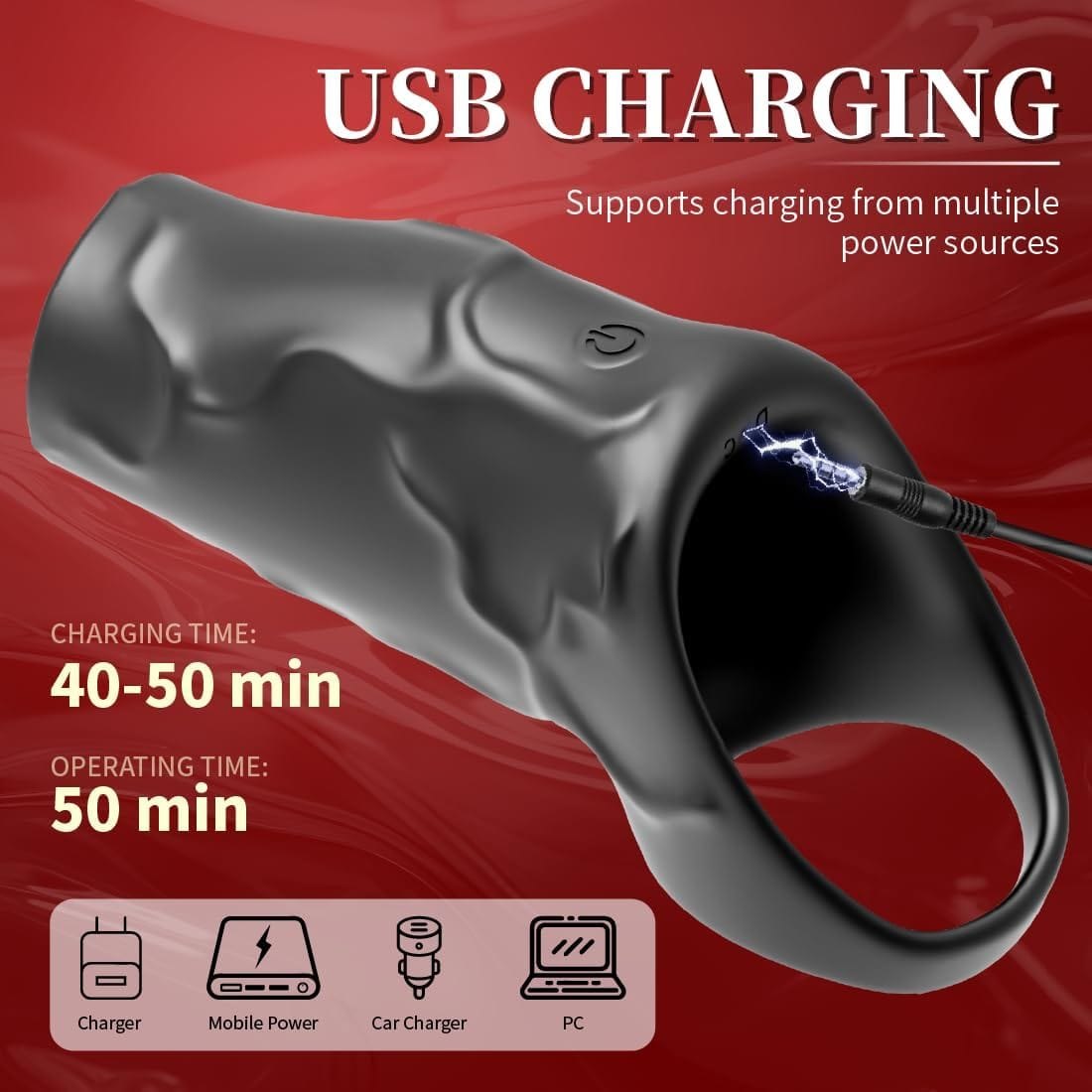 Black vibrating penis sleeve with textured shaft, photo 4