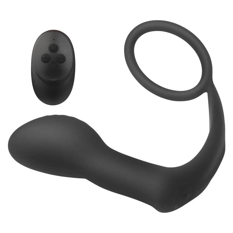 Black prostate massager with attached cock ring and wireless remote, photo 1