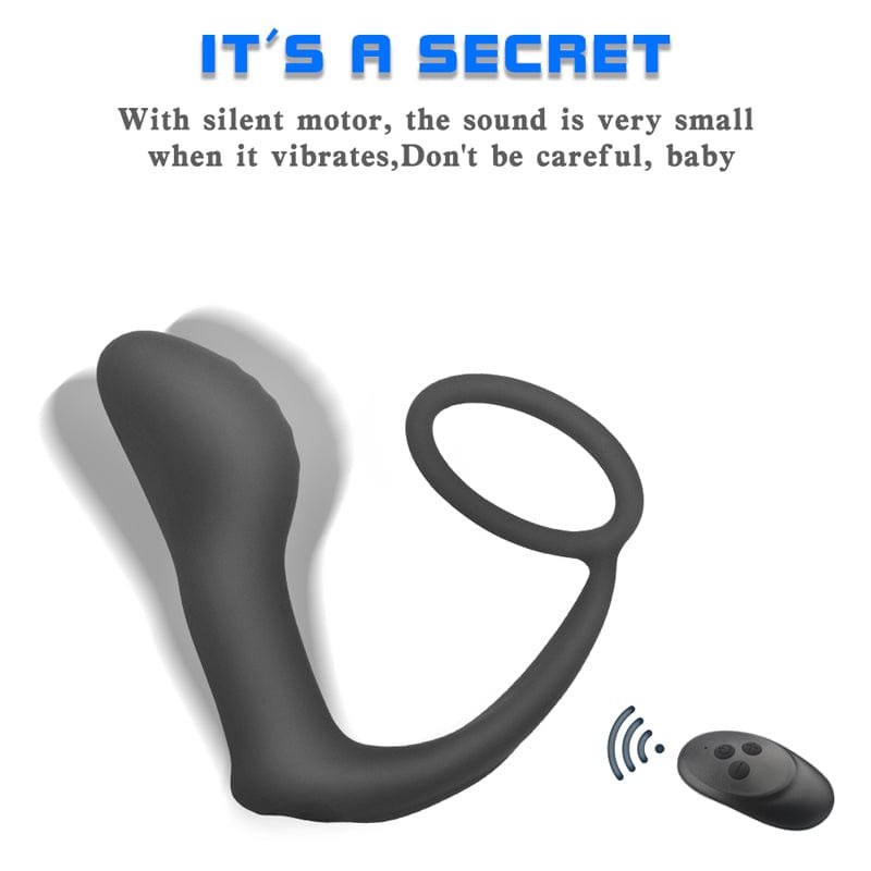 Black prostate massager with attached cock ring and wireless remote, photo 3