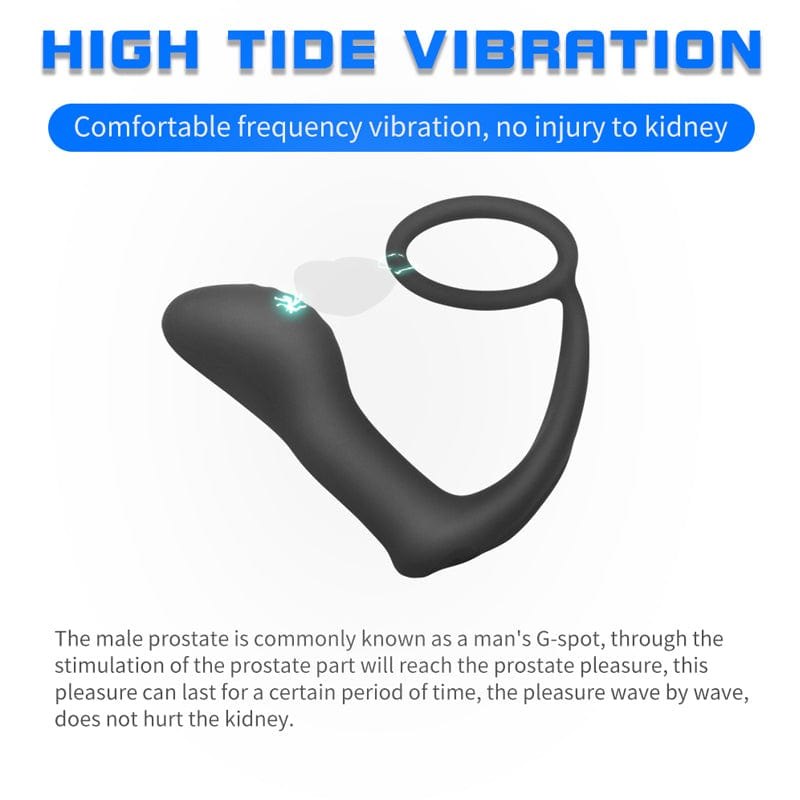 Black prostate massager with attached cock ring and wireless remote, photo 4