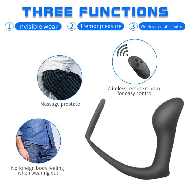Black prostate massager with attached cock ring and wireless remote, photo 5