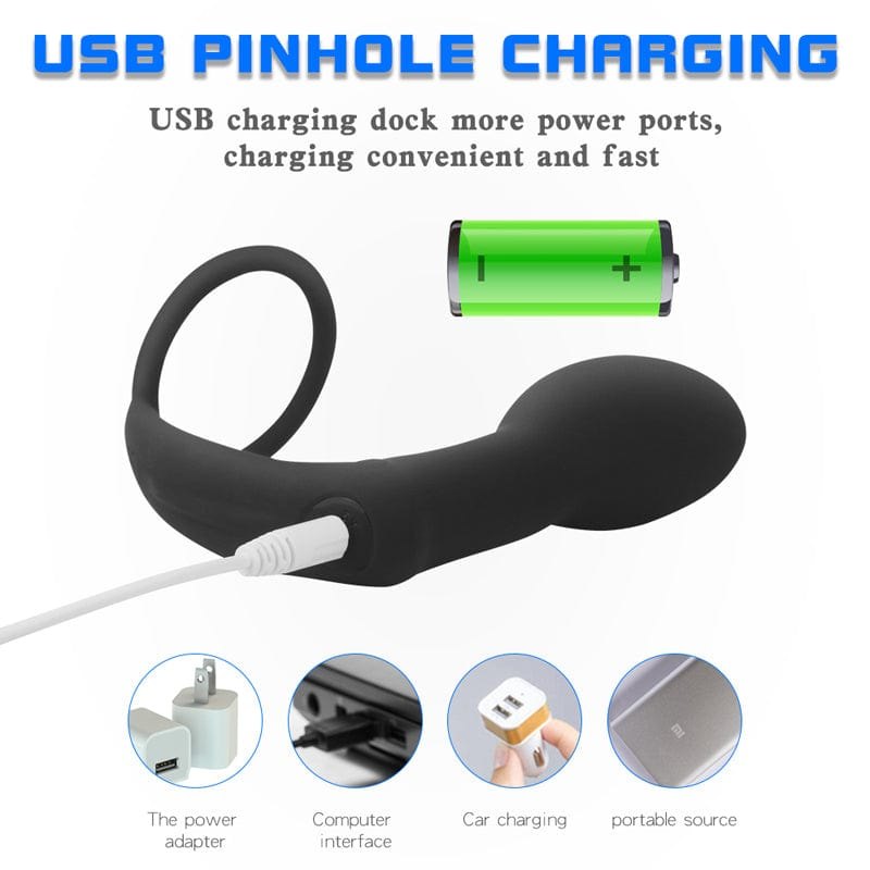 Black prostate massager with attached cock ring and wireless remote, photo 6