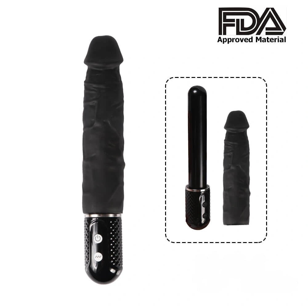 Black vibrating realistic silicone dildo with control base