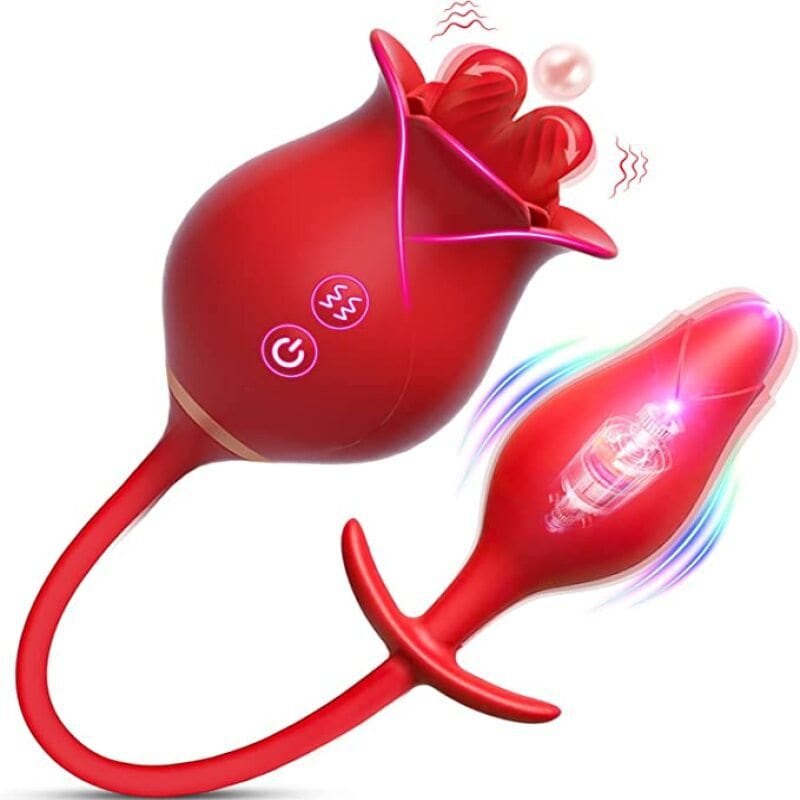 Red tongue-licking rose toy with anal plug, photo 1