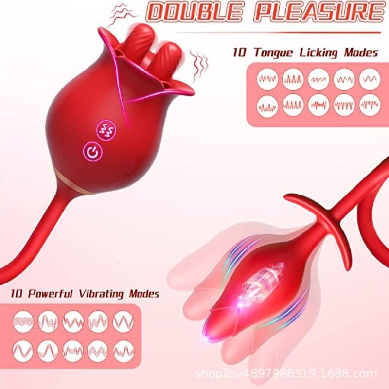 Red tongue-licking rose toy with anal plug, photo 2