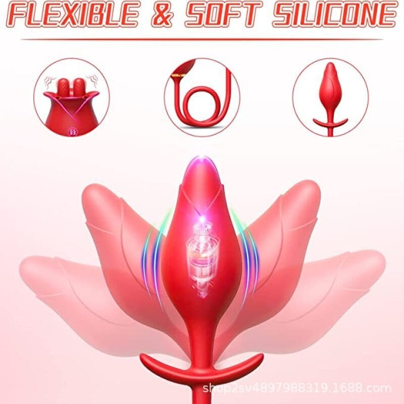 Red tongue-licking rose toy with anal plug, photo 3