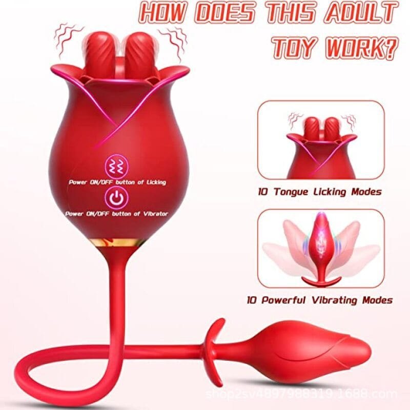 Red tongue-licking rose toy with anal plug, photo 5