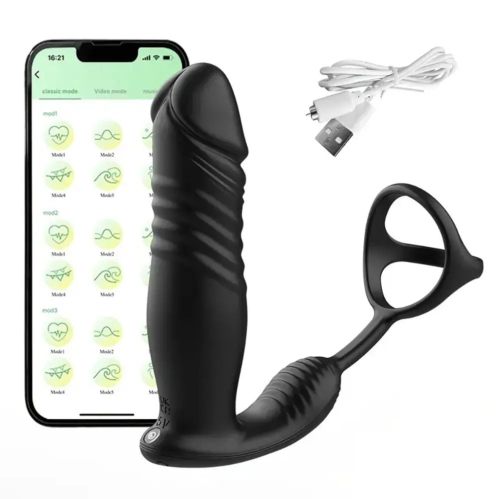 Black vibrating thrusting silicone dildo ring, photo 1
