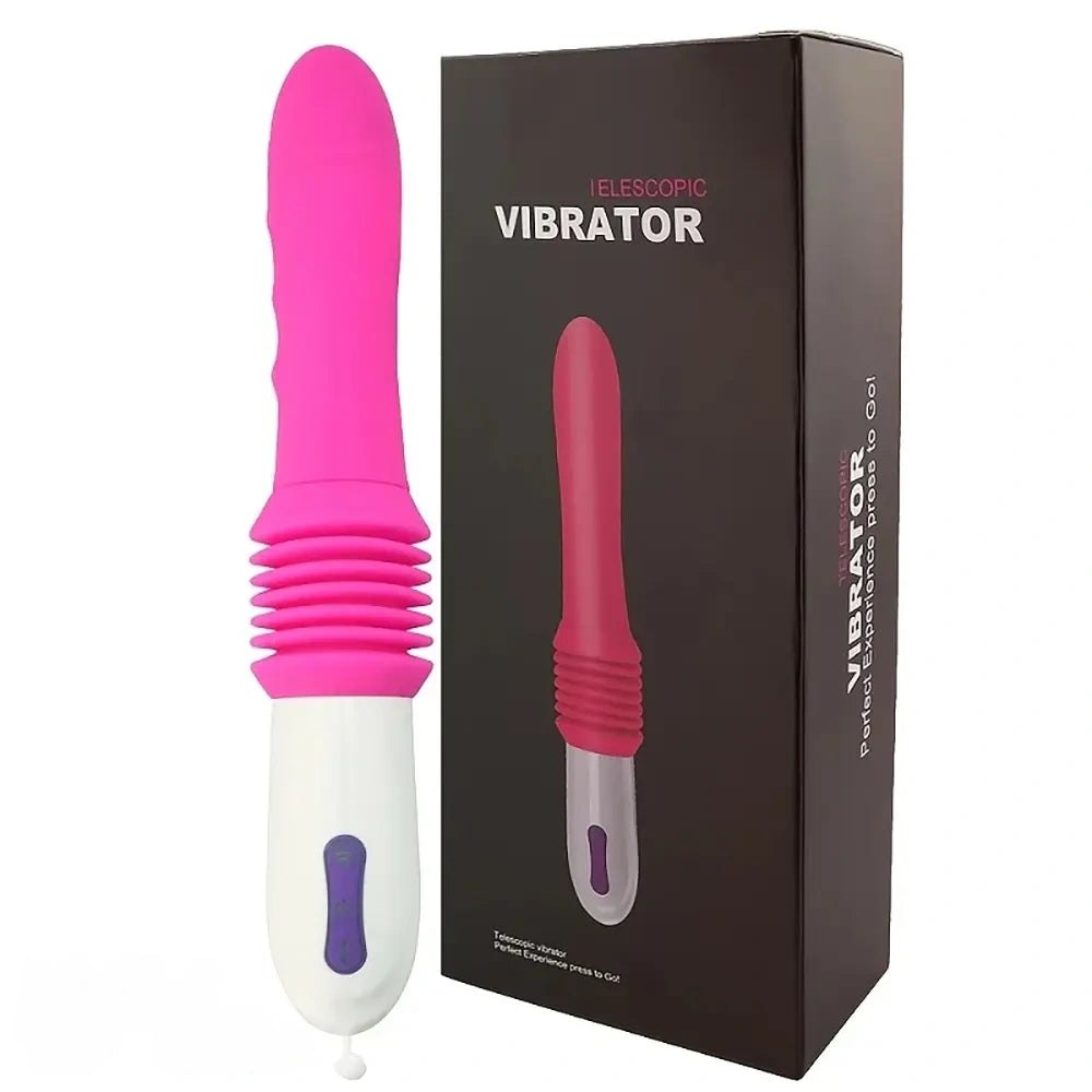 Pink vibrating thrusting dildo on stand