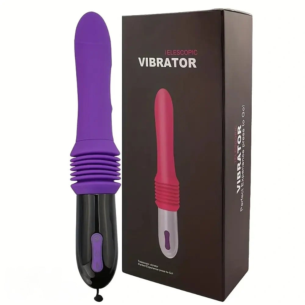 Purple vibrating thrusting dildo on stand