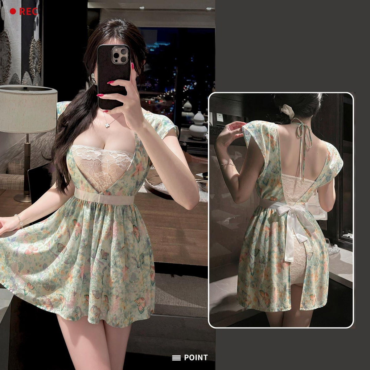 Green vintage print cook roleplay costume dress