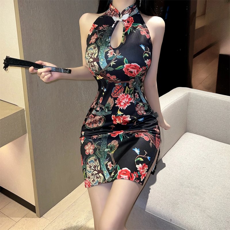 Black & Red vintage print split cheongsam dress