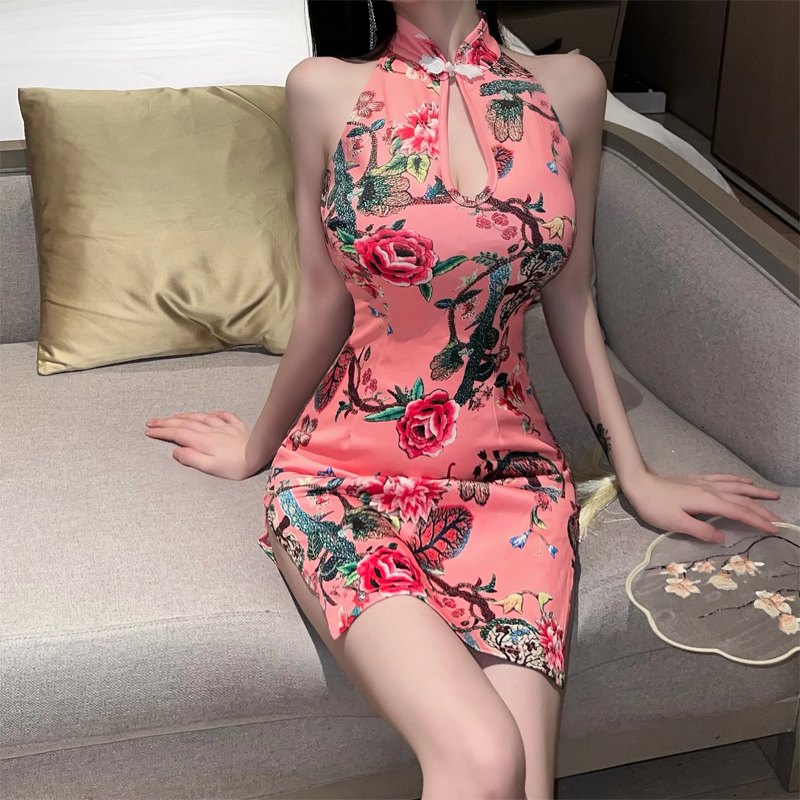 Pink vintage print split cheongsam dress