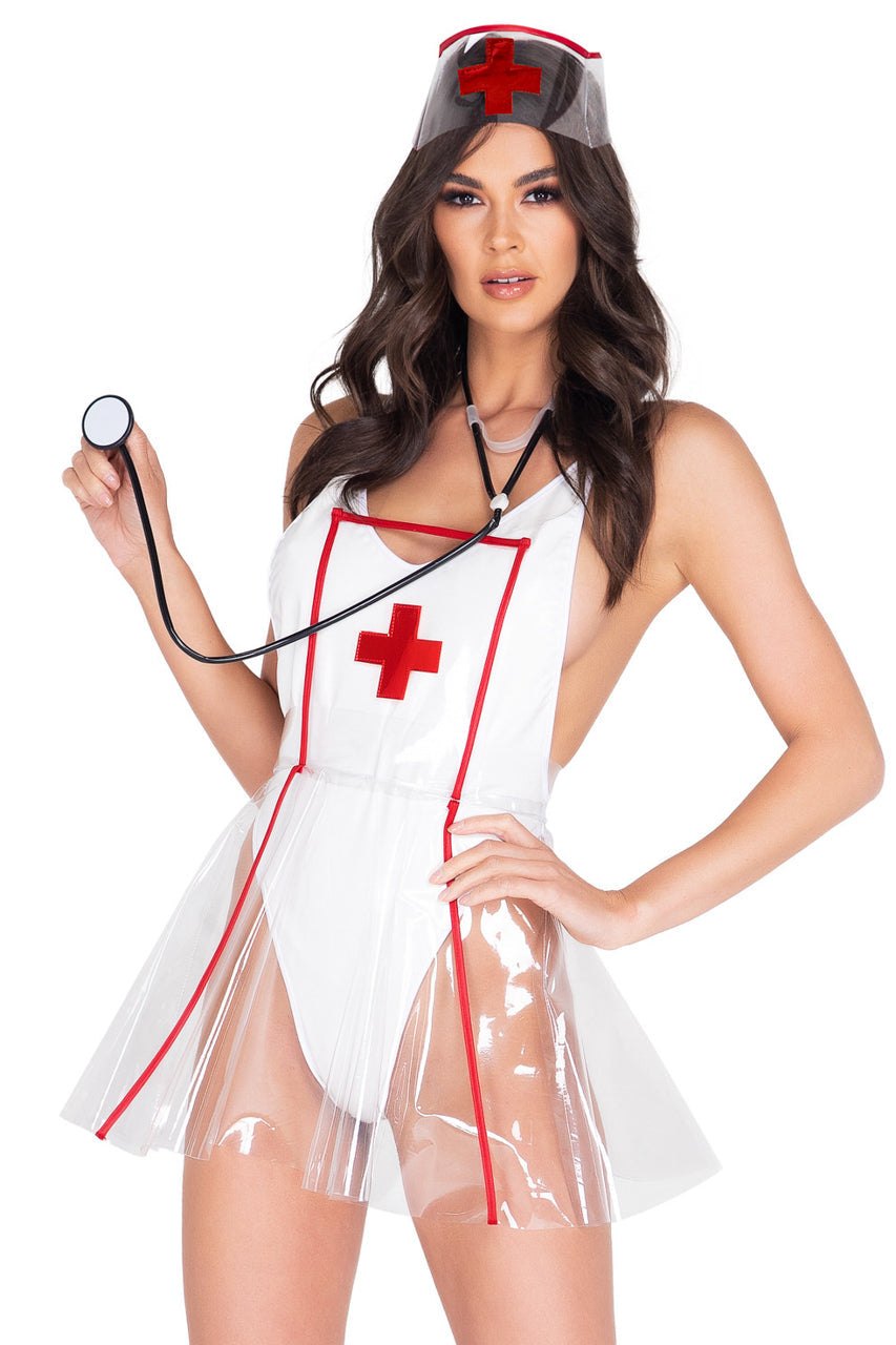 White/Red vinyl open back nurse halloween costume
