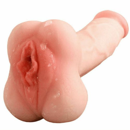 Flesh-tone vulva pocket pussy stroker with dildo shaft, photo 1