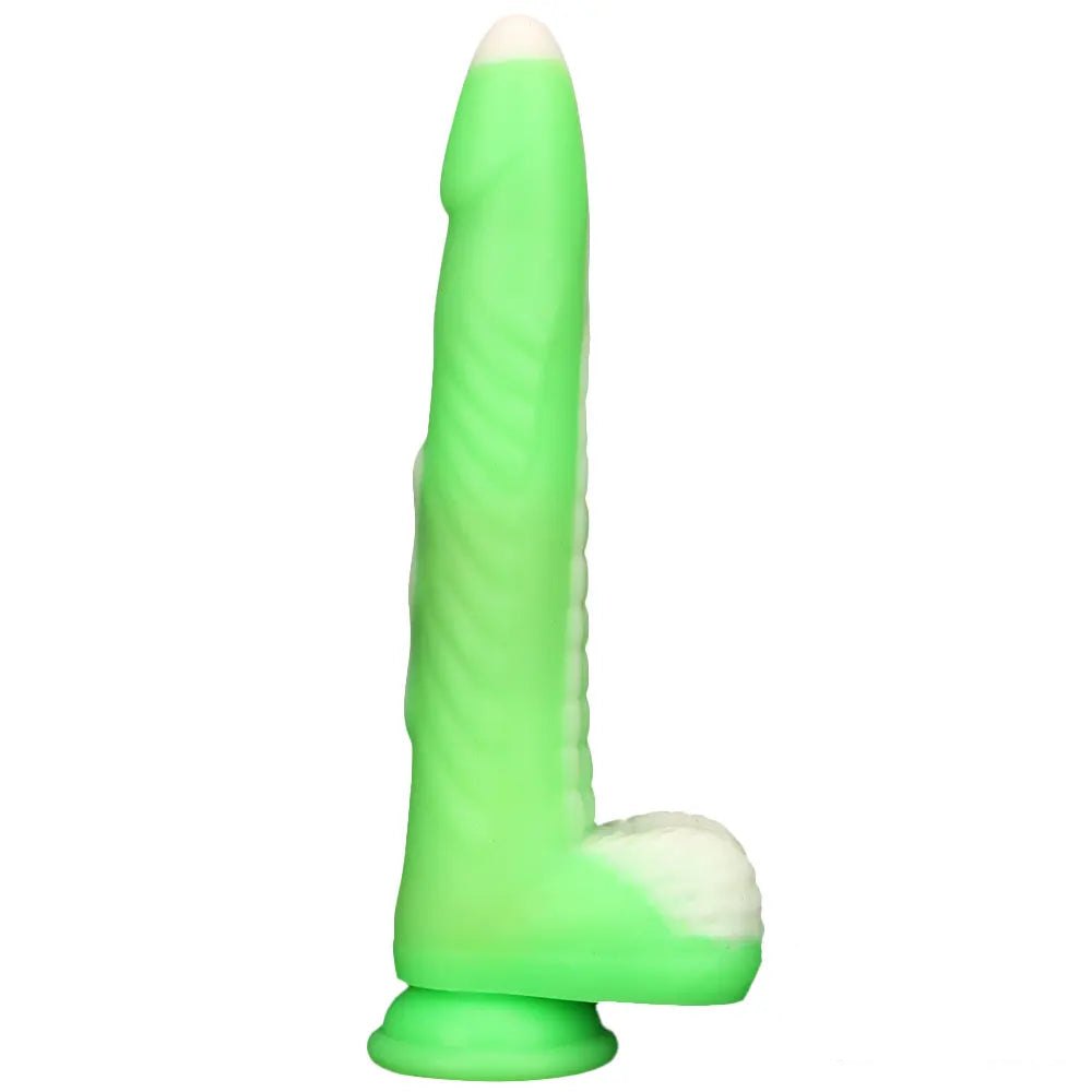 Green vibrating thrusting silicone dildo, photo 1