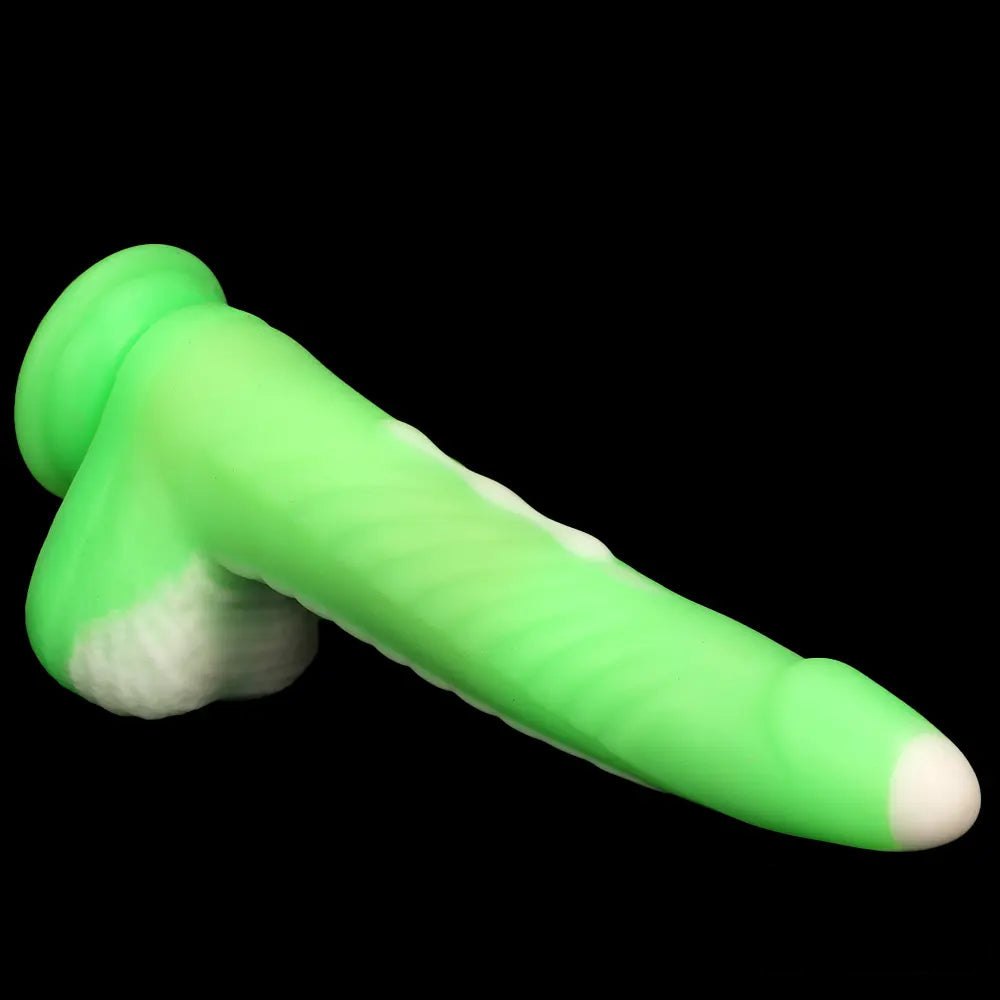 Green vibrating thrusting silicone dildo, photo 14