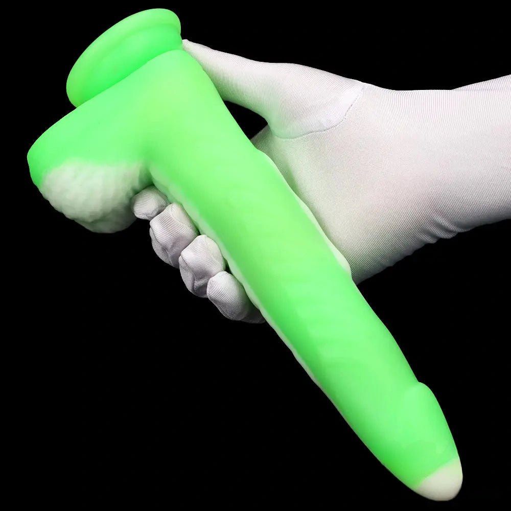 Green vibrating thrusting silicone dildo, photo 15