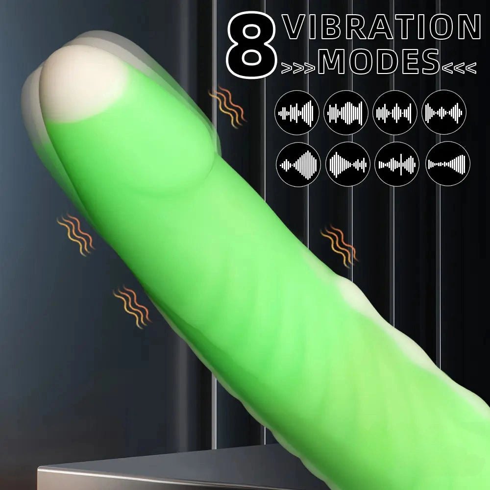 Green vibrating thrusting silicone dildo, photo 5