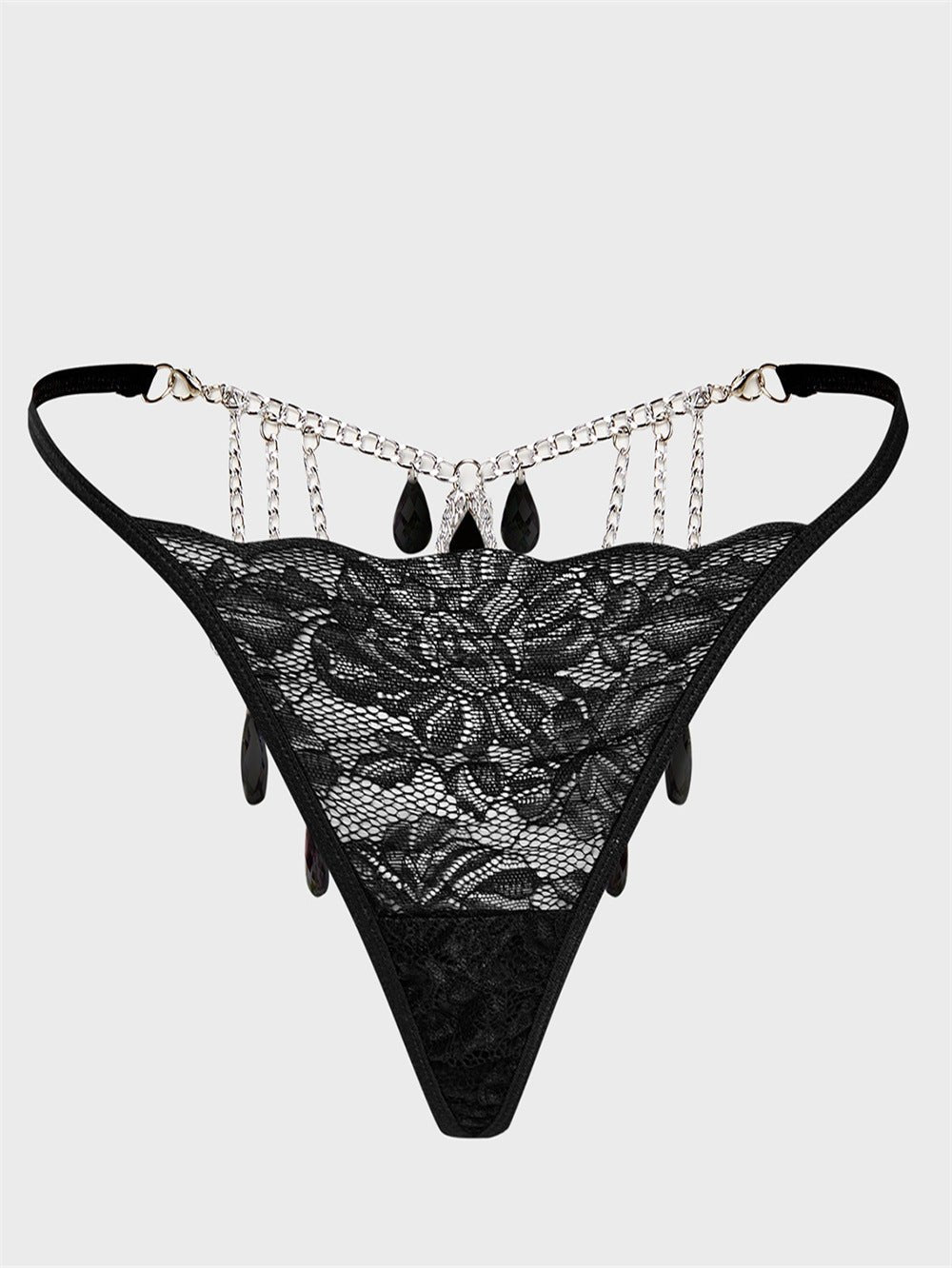 Black water drop gem embellished lace thong